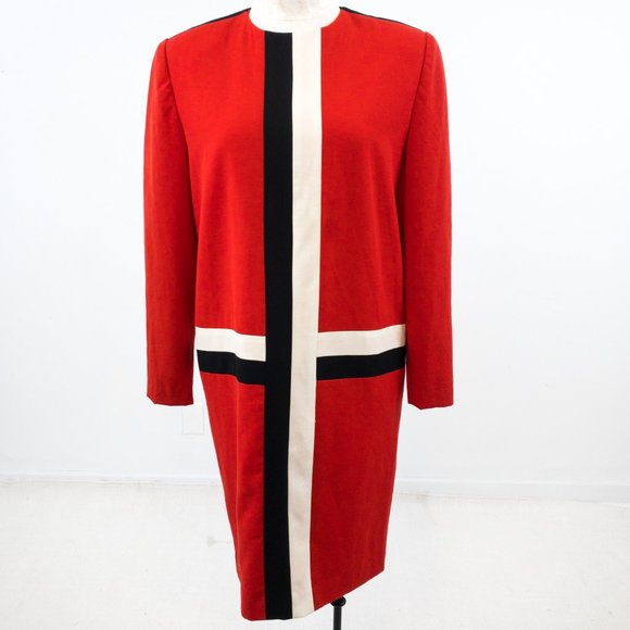 Vintage 80s 10 Wool Colorblock Stripe Dress Red - Picture 2 of 11